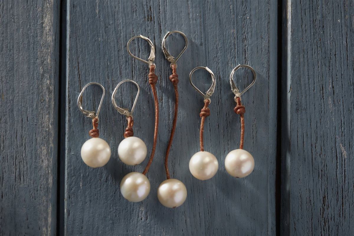 Wendy Mignot Coastal Single Freshwater Pearl and Leather Earrings White I