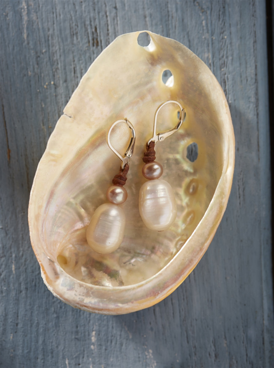 Wendy Mignot Drop Freshwater Pearl and Leather Earrings White, Champagne Accent