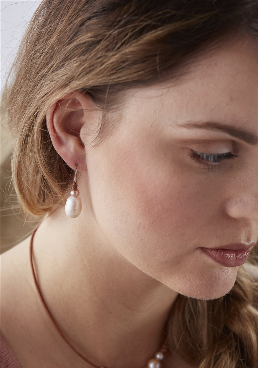 Wendy Mignot Drop Freshwater Pearl and Leather Earrings White, Champagne Accent