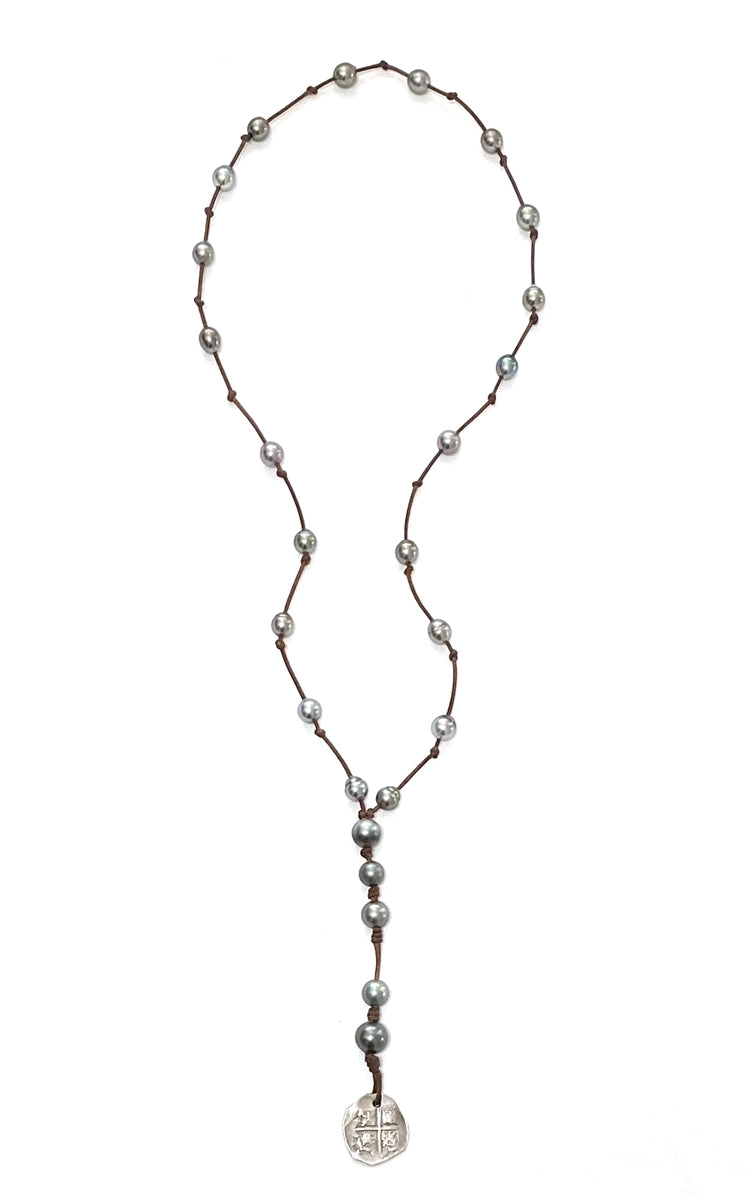 photo of Wendy Mignot Tahitian Pearl and Leather with Ancient Spanish Coin Violet Rose Necklace