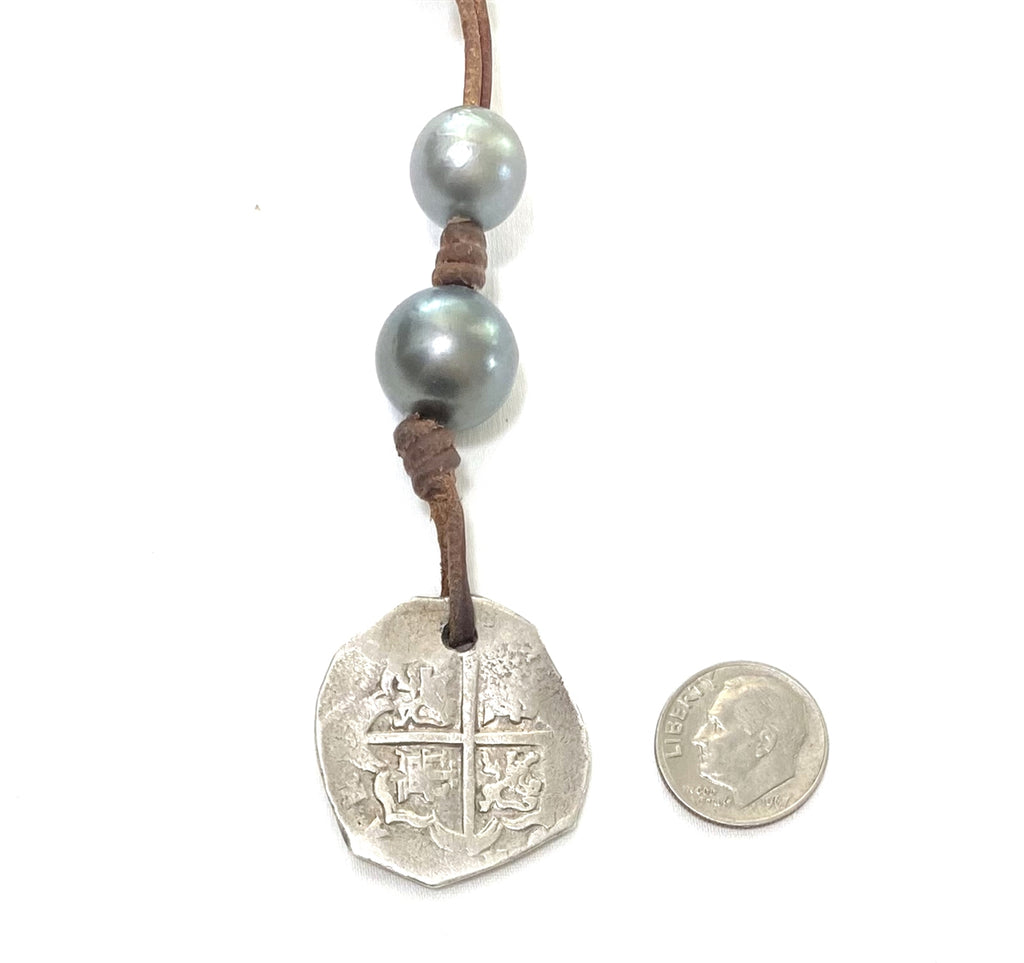 Wendy Mignot Tahitian Pearl and Leather with Ancient Spanish Coin Violet Rose Necklace