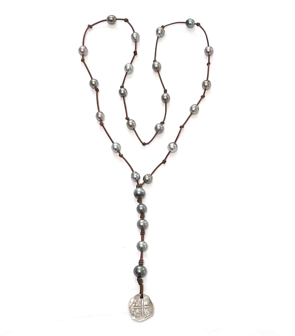 Wendy Mignot Tahitian Pearl and Leather with Ancient Spanish Coin Violet Rose Necklace