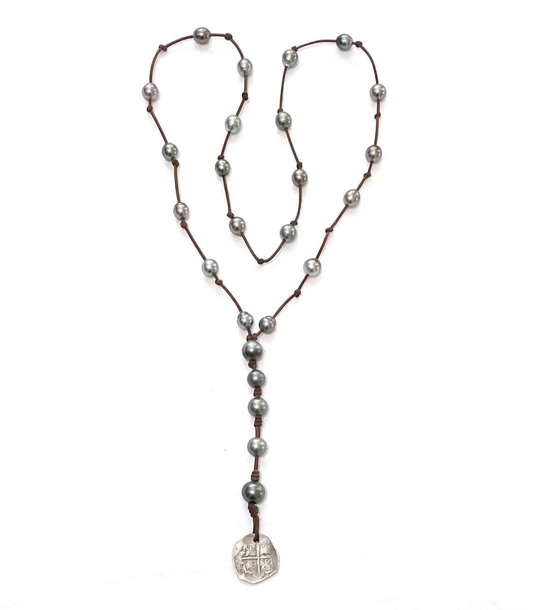 Wendy Mignot Tahitian Pearl and Leather with Ancient Spanish Coin Violet Rose Necklace