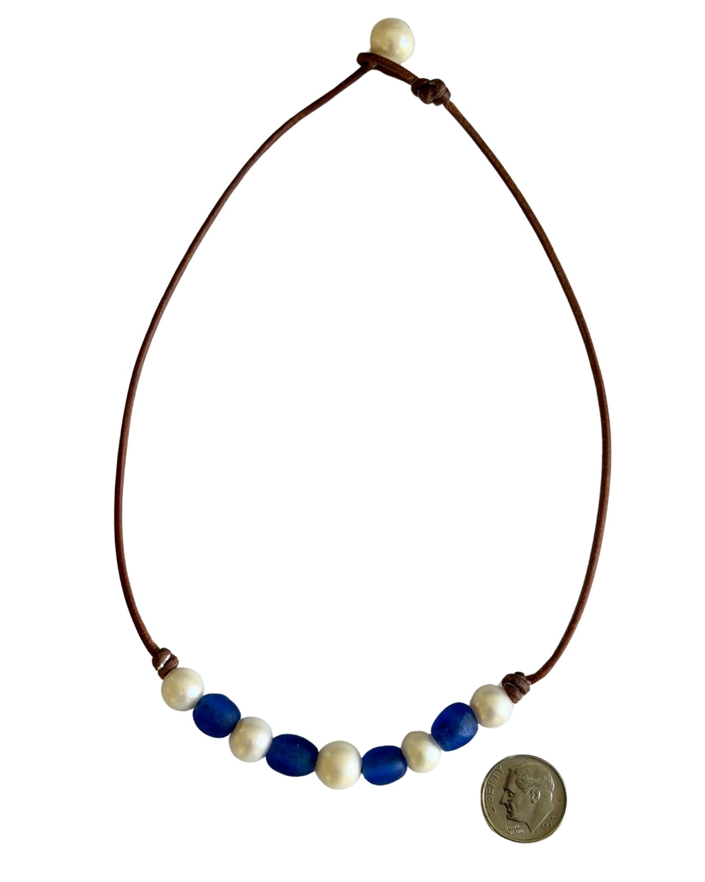 Wendy Mignot African Seaglass and Freshwater Pearl and Leather Regatta Necklace-Blue