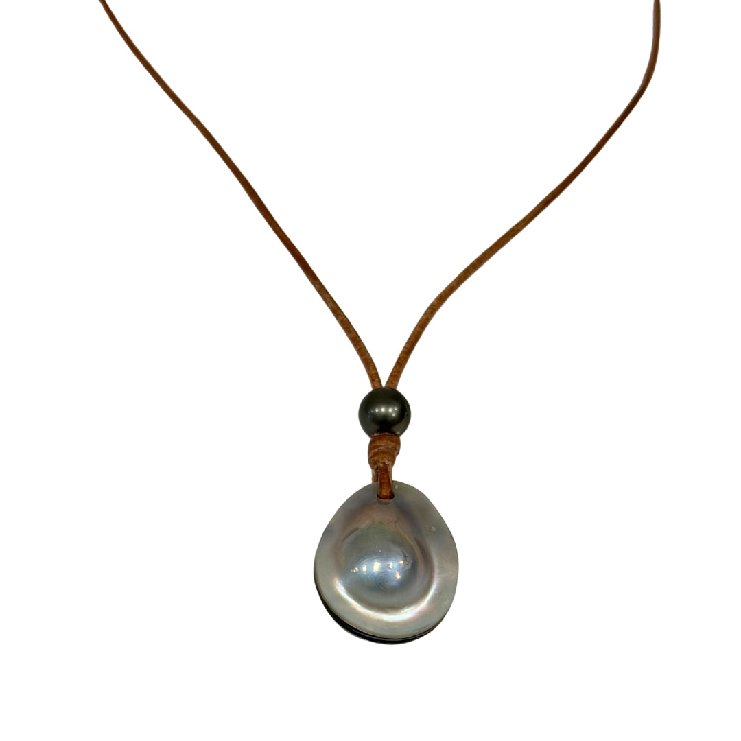 Wendy Mignot Moon Drop Mabe Pearl and Tahitian Pearl and Leather Necklace