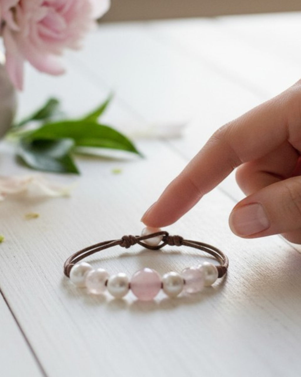 Freshwater Pearl and Leather Chevelle Bracelet with Rose Quartz Pink Gems