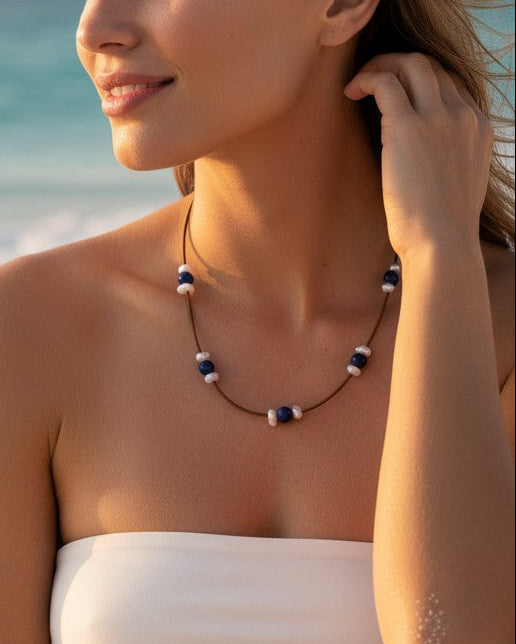 Triple Illusion Freshwater Pearl and Lapis Gem Necklace