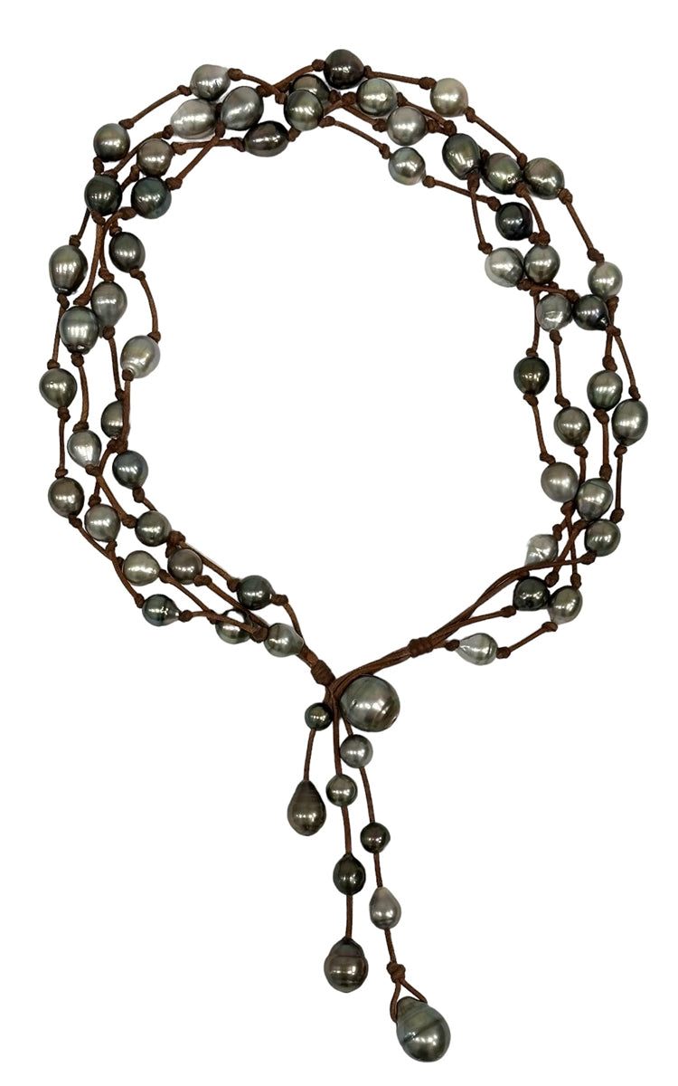 Wendy Mignot Music Four Strand Tahitian Pearl and Leather Necklace with knots