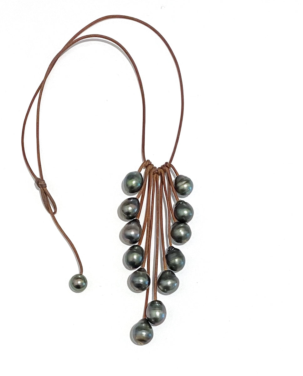 photo of Wendy Mignot Waterfall Twelve Tahitian Pearl and Leather Necklace