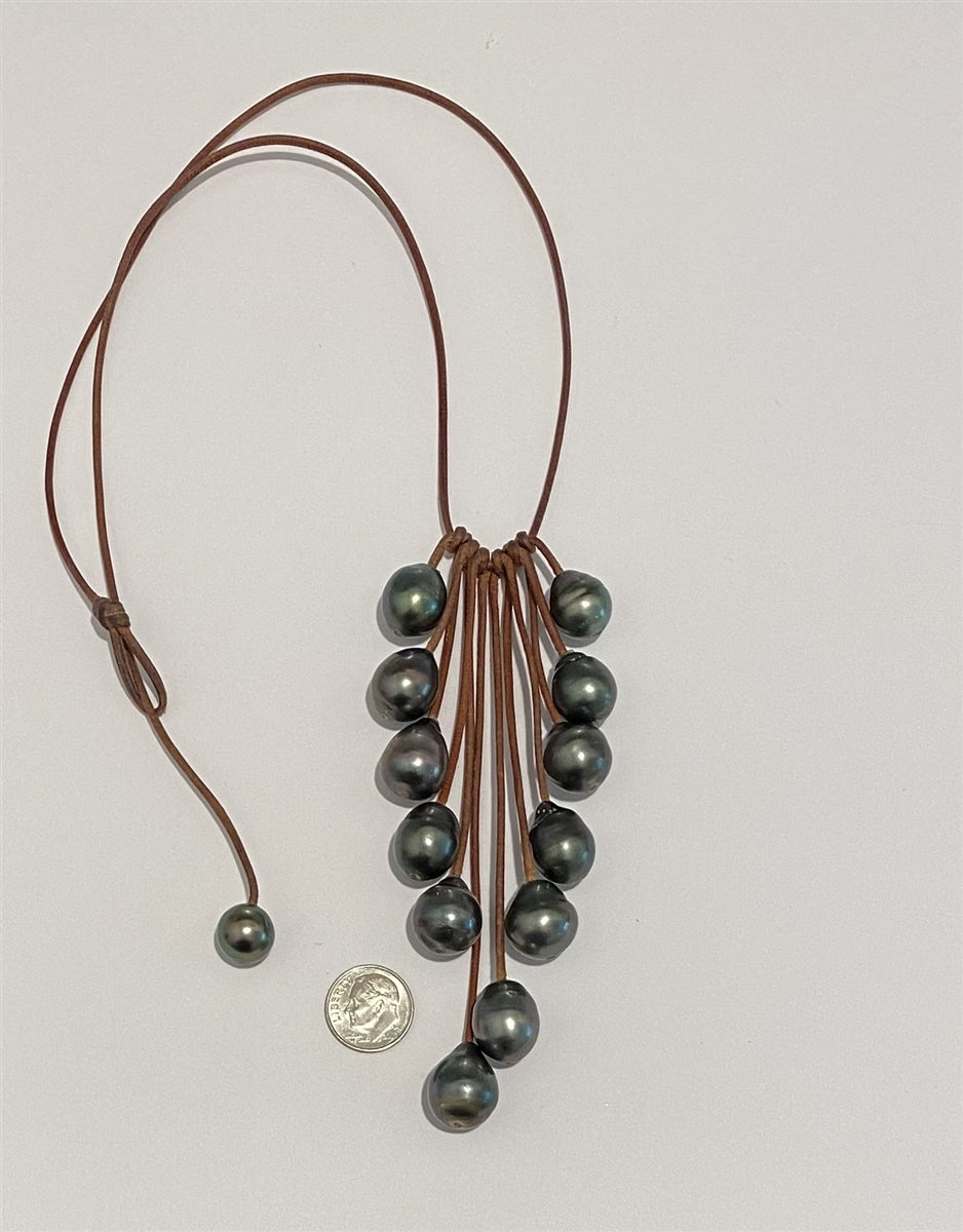 Wendy Mignot Waterfall Twelve Tahitian Pearl and Leather Necklace