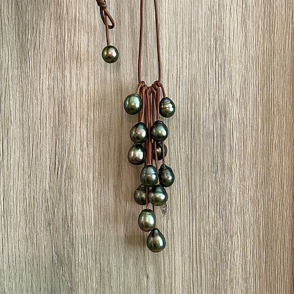 Wendy Mignot Waterfall Twelve Tahitian Pearl and Leather Necklace