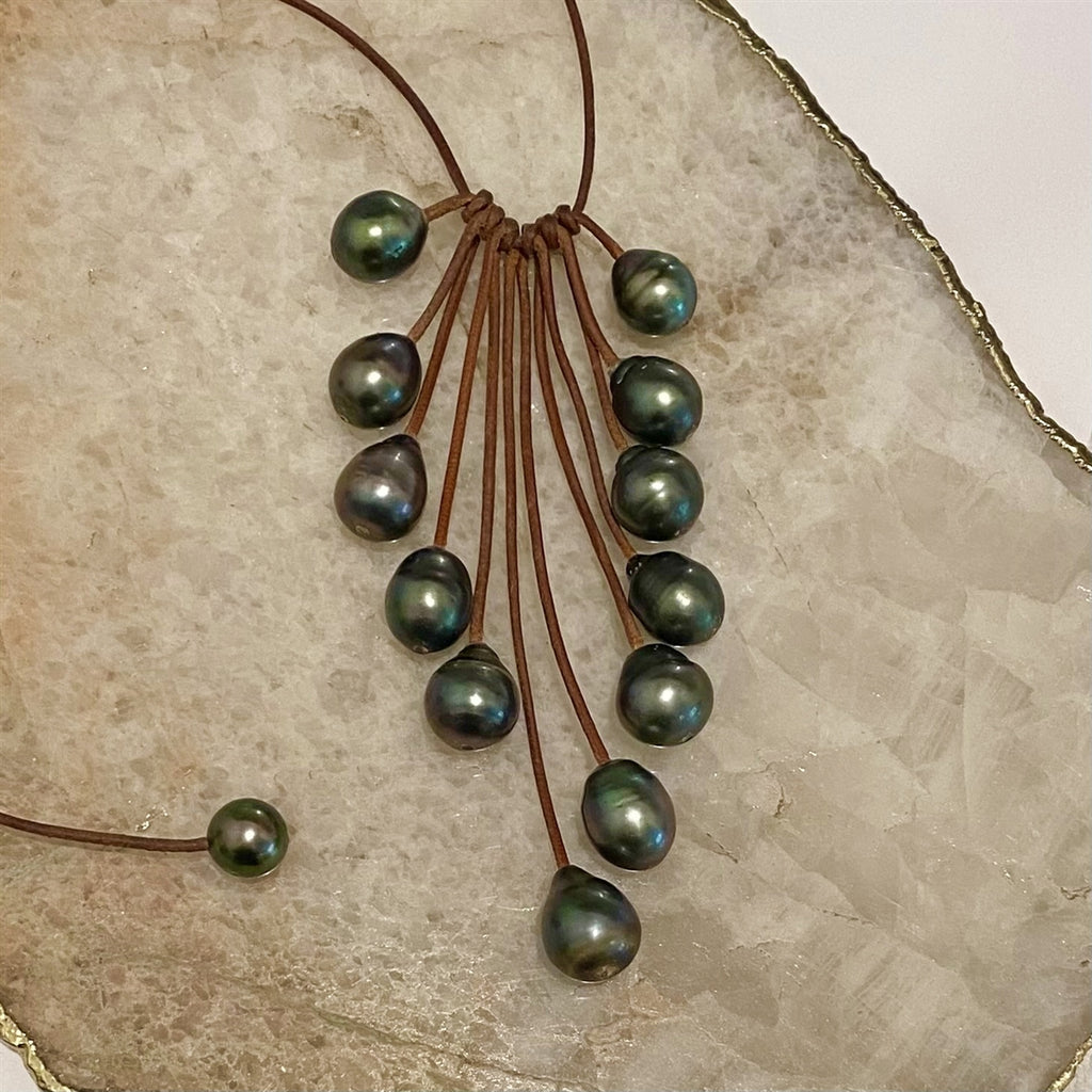 Wendy Mignot Waterfall Twelve Tahitian Pearl and Leather Necklace