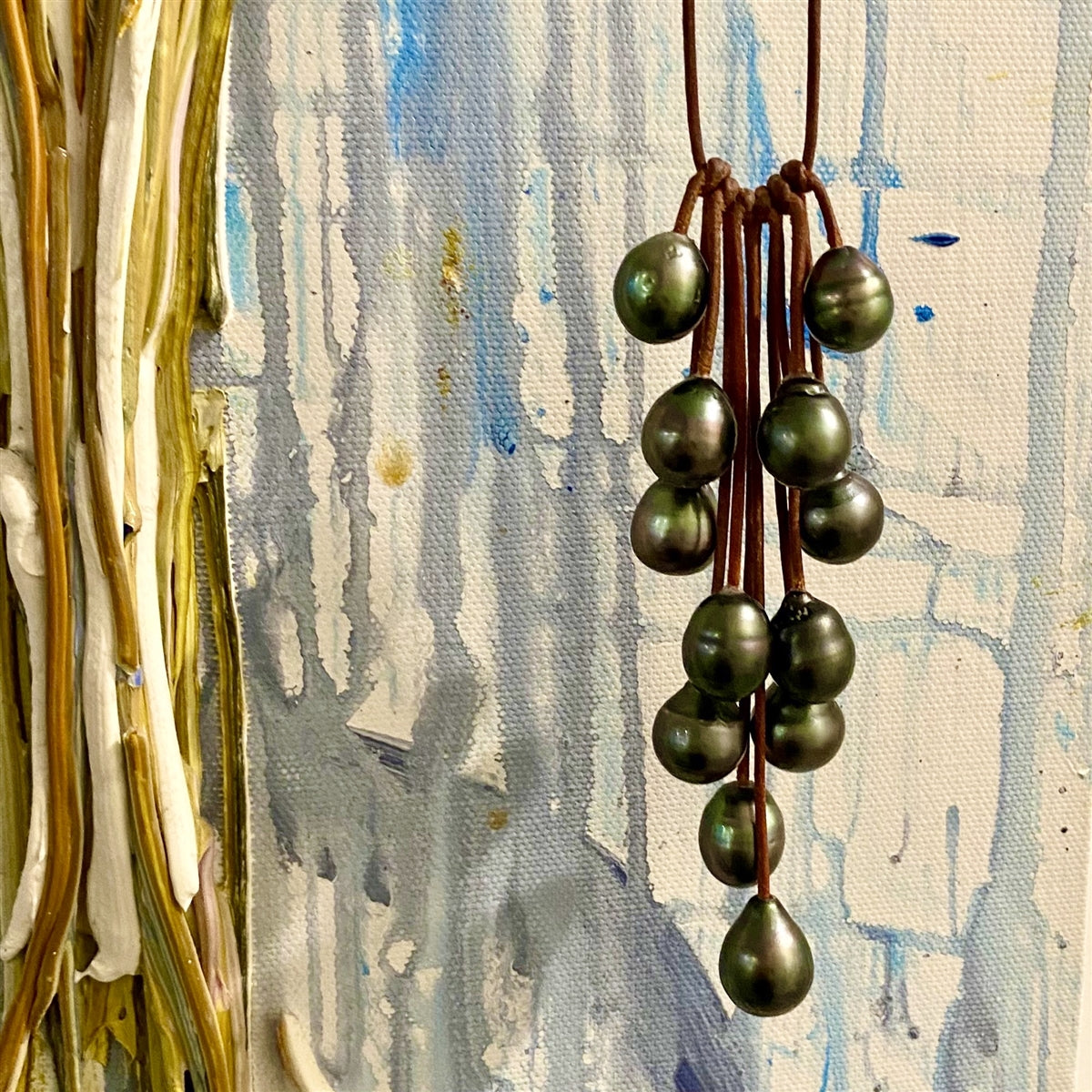 Wendy Mignot Waterfall Twelve Tahitian Pearl and Leather Necklace
