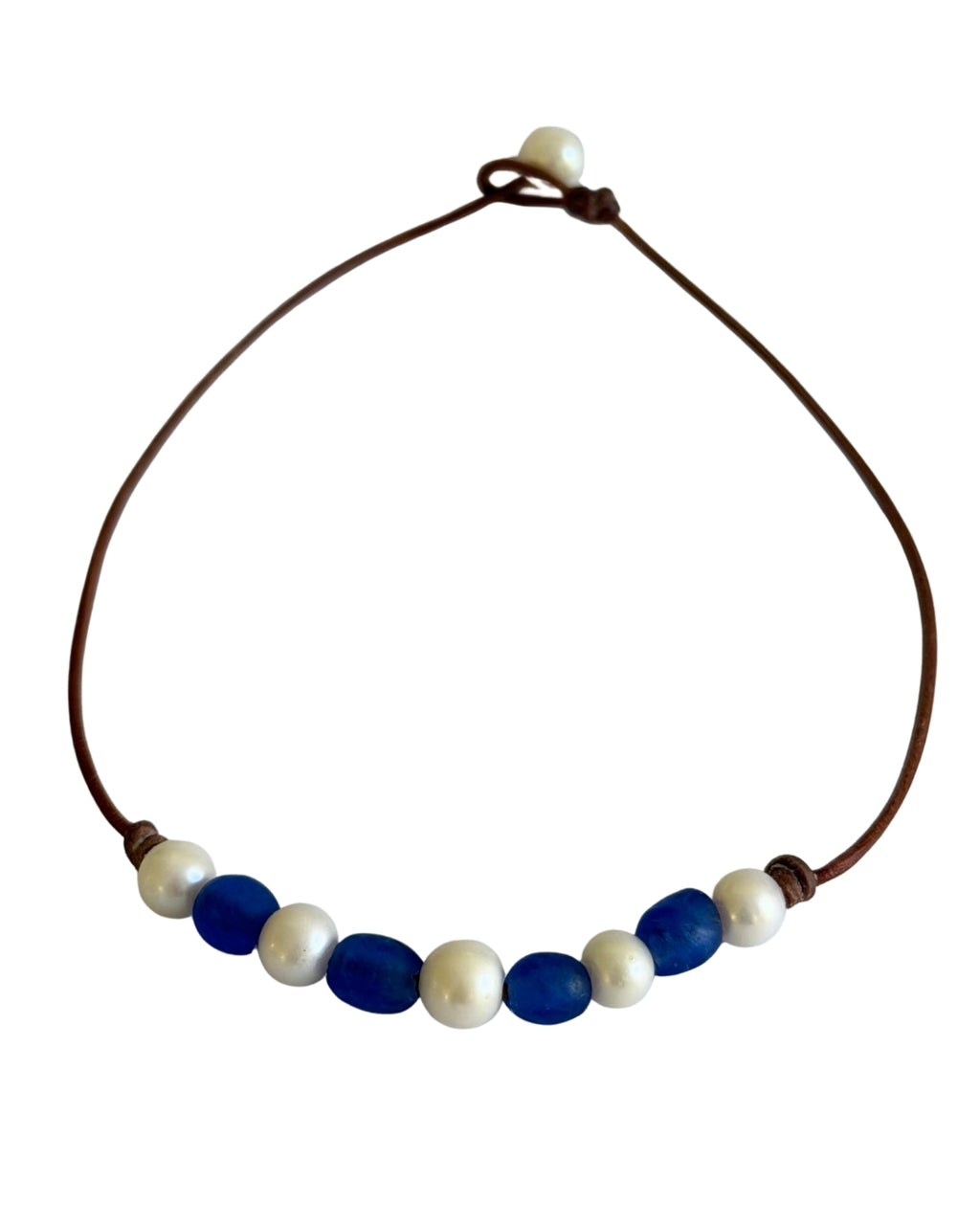 Wendy Mignot African Seaglass and Freshwater Pearl and Leather Regatta Necklace-Blue