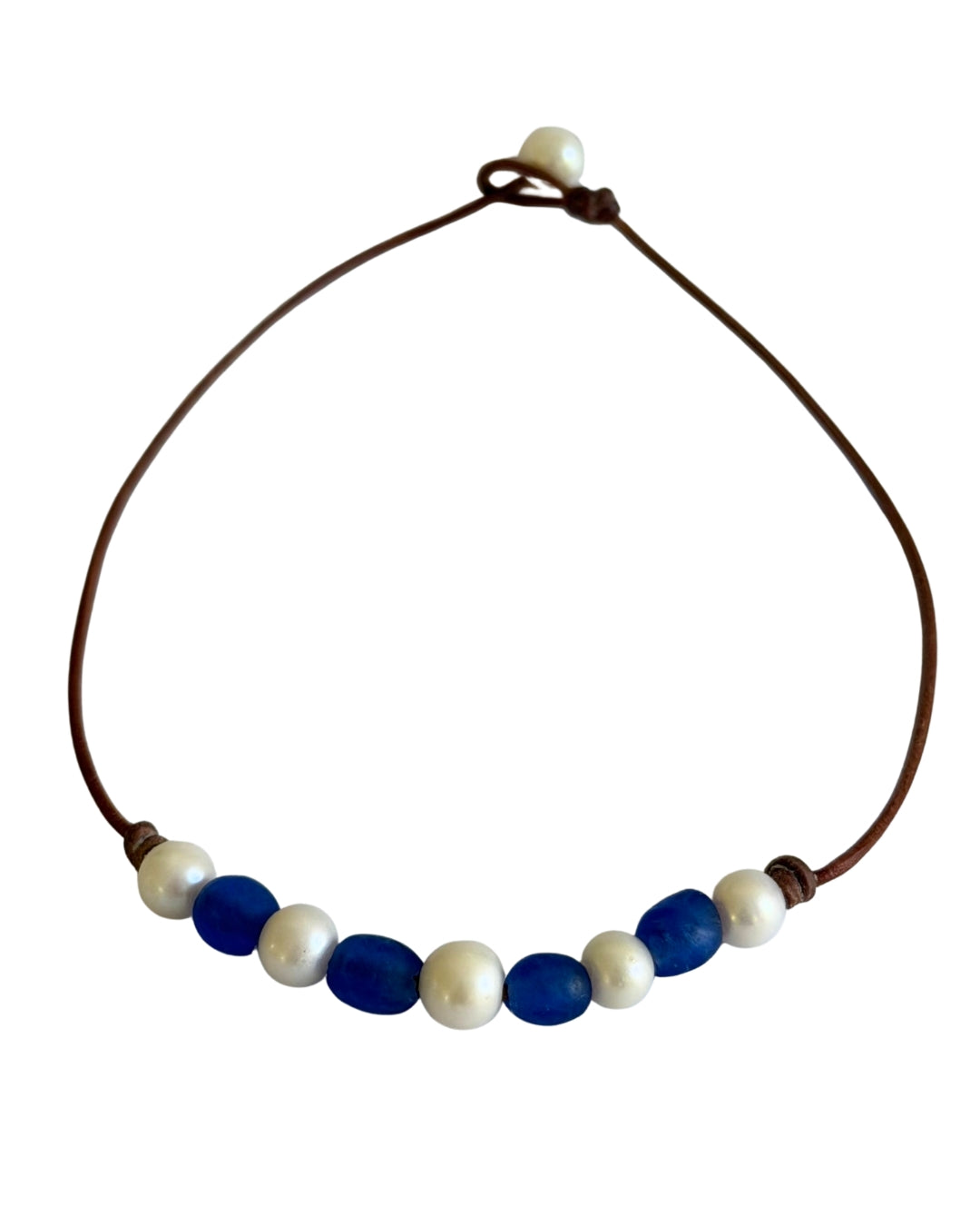 Wendy Mignot African Seaglass and Freshwater Pearl and Leather Regatta Necklace-Blue