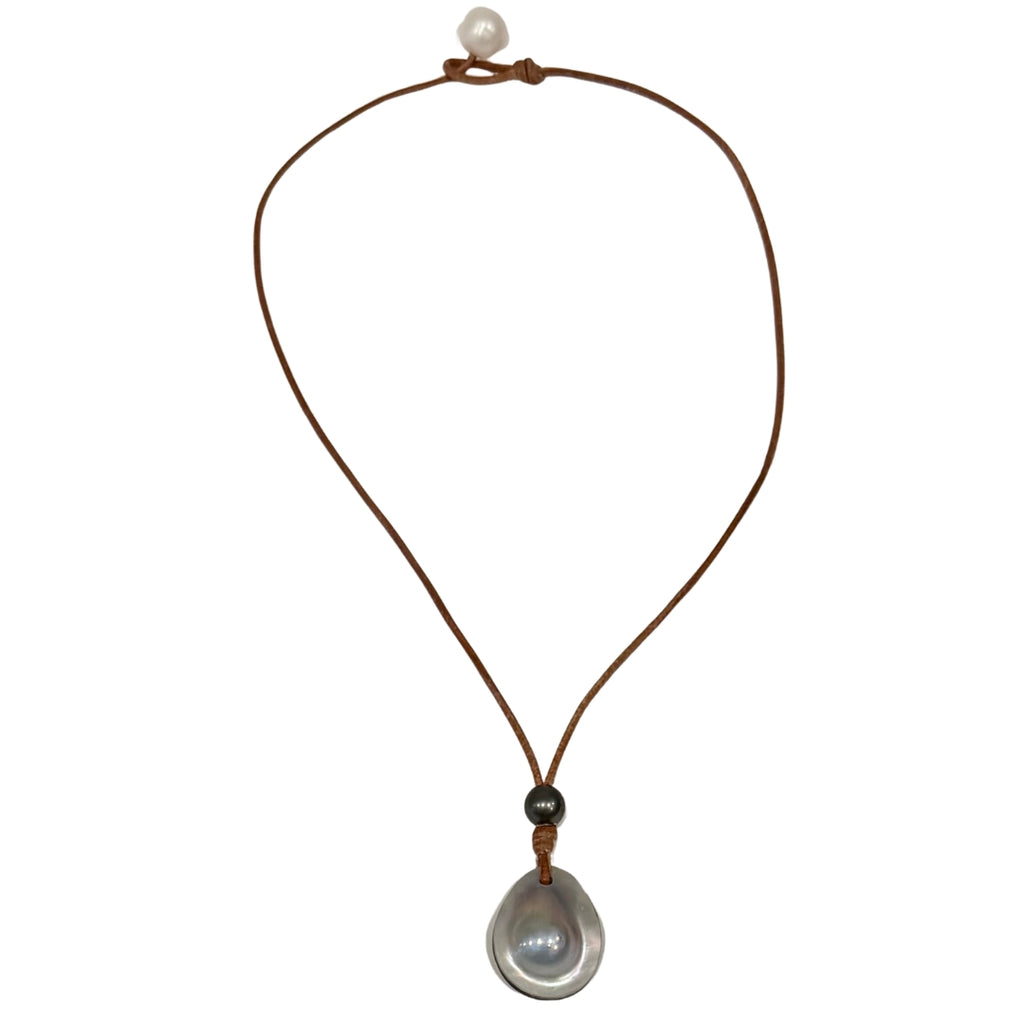 Wendy Mignot Moon Drop Mabe Pearl and Tahitian Pearl and Leather Necklace