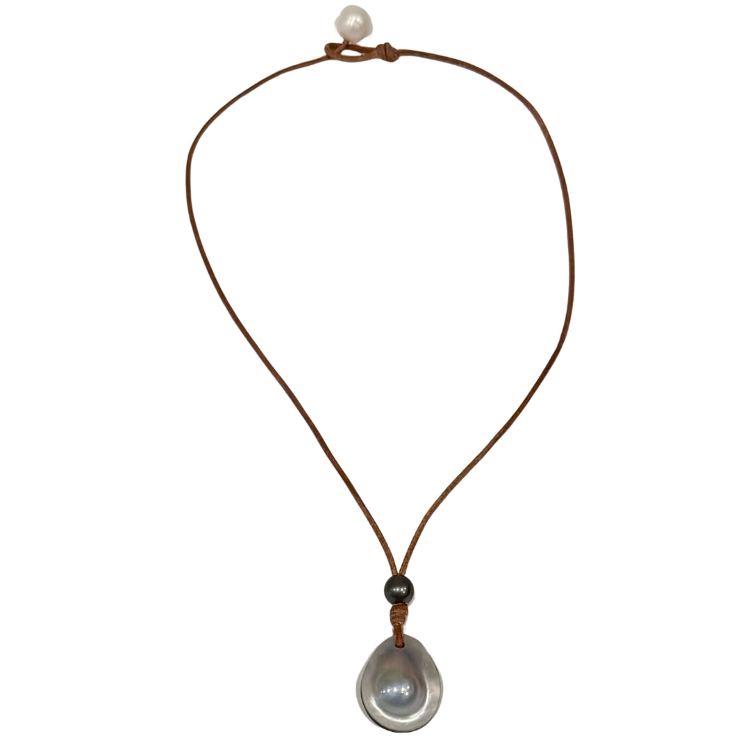 Wendy Mignot Moon Drop Mabe Pearl and Tahitian Pearl and Leather Necklace