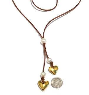 Heart & Soul Freshwater Pearl and Gold Heart Slider Adjustable  Necklace