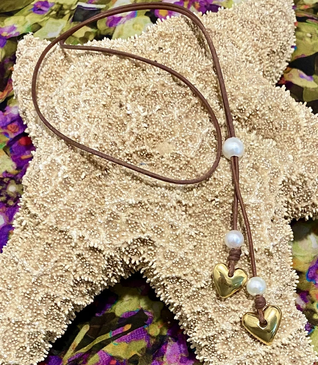 Heart & Soul Freshwater Pearl and Gold Heart Slider Adjustable  Necklace