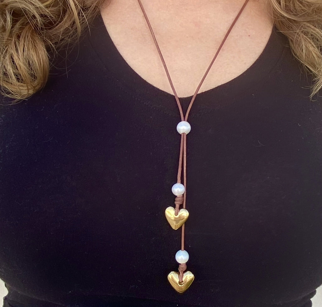 Heart & Soul Freshwater Pearl and Gold Heart Slider Adjustable  Necklace