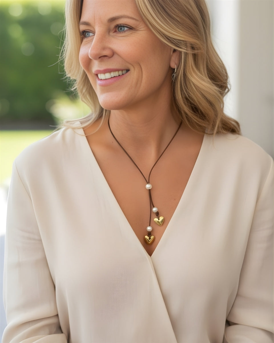 Heart & Soul Freshwater Pearl and Gold Heart Slider Adjustable  Necklace