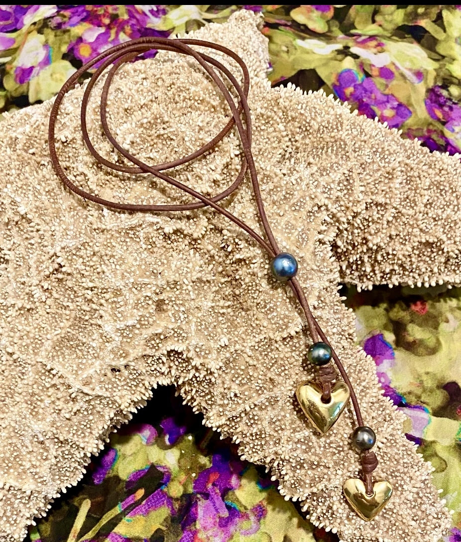 Heart & Soul Tahitian Pearl and Gold Heart Slider Adjustable  Necklace