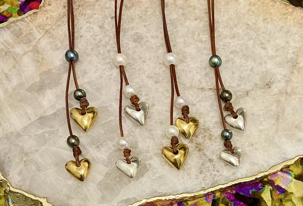 Heart & Soul Tahitian Pearl and Gold Heart Slider Adjustable  Necklace