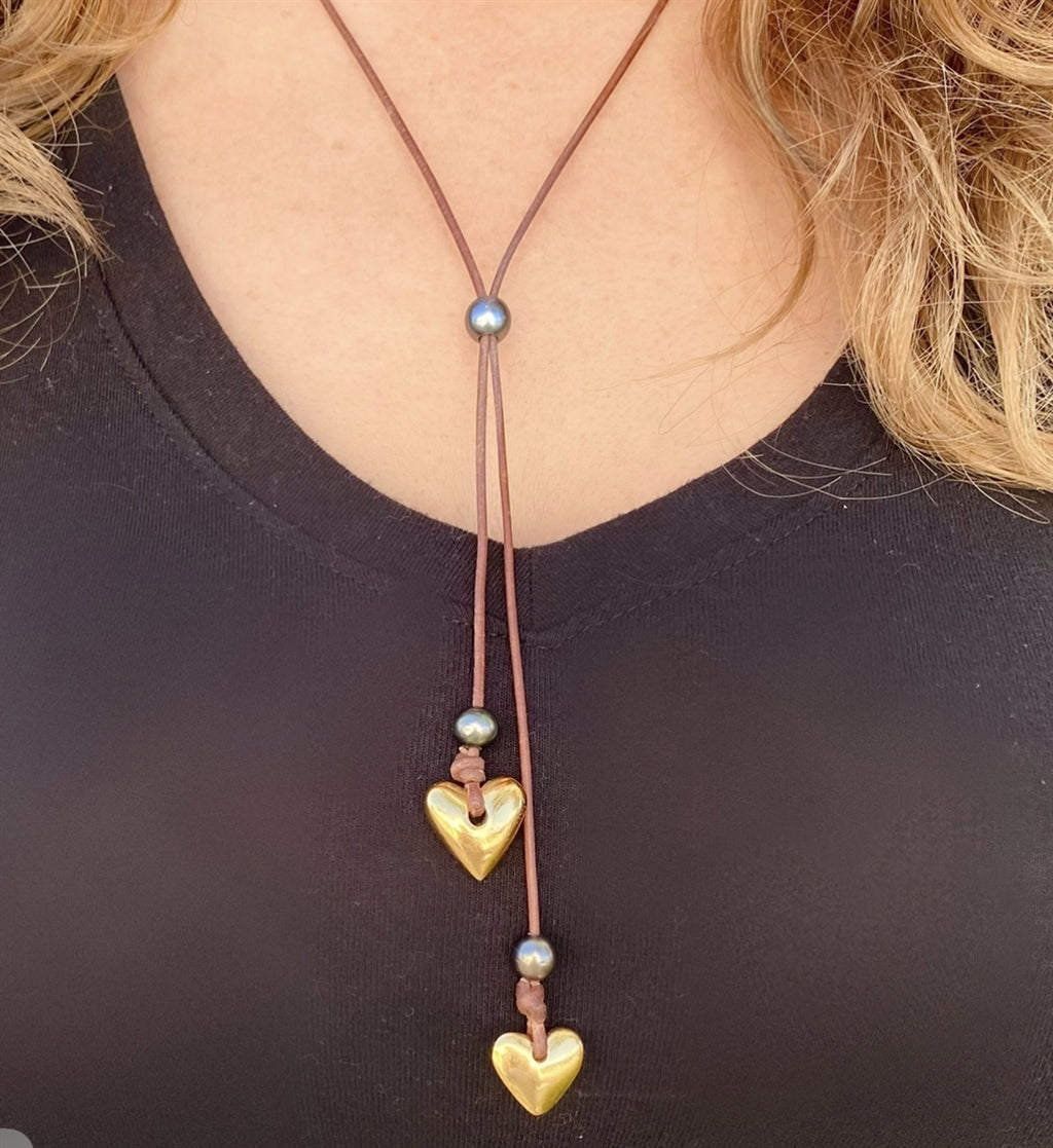 Heart & Soul Tahitian Pearl and Gold Heart Slider Adjustable  Necklace