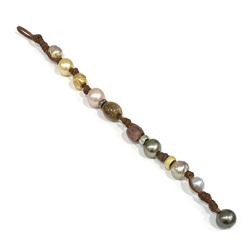 Wendy Mignot Pearl and Leather Precious Stones Gypsy Bracelet 2