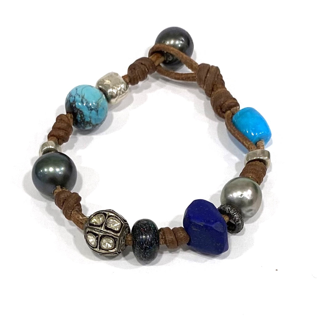 Wendy Mignot Pearl and Leather Precious Stones Gypsy Bracelet 9