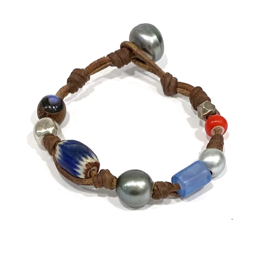 Wendy Mignot Pearl and Leather Precious Stones Gypsy Bracelet 12