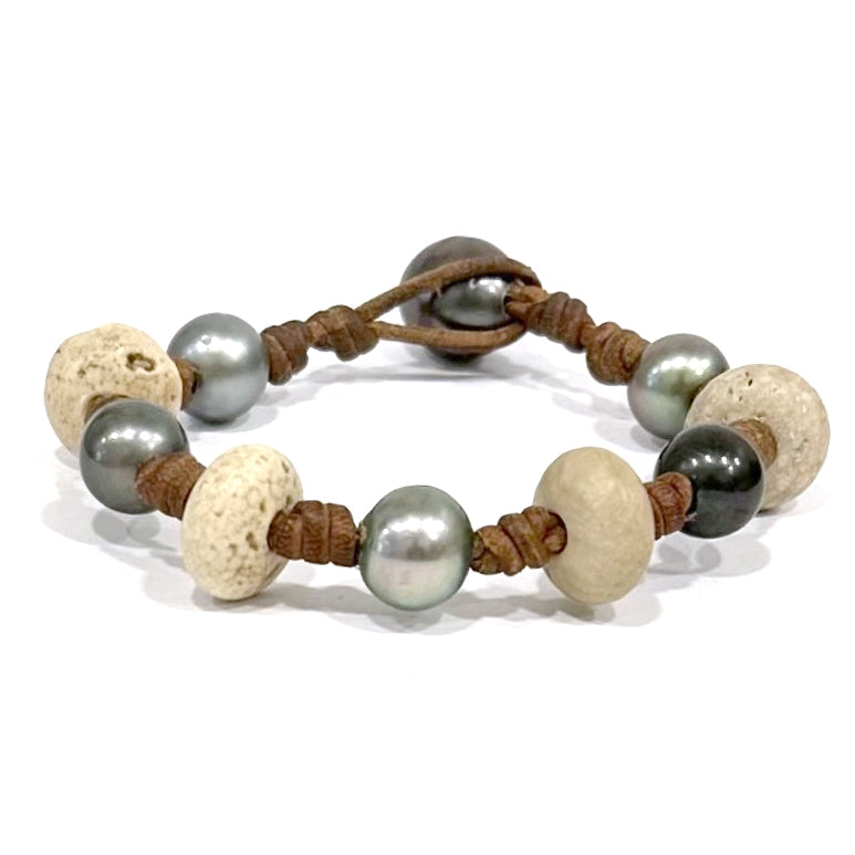 Wendy Mignot Italian Coral and Tahitian Pearl and Leather All Around Bracelet