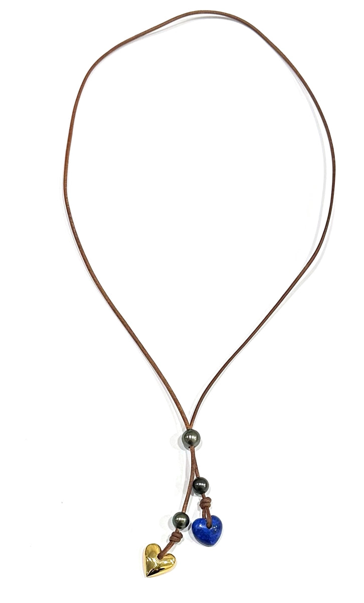 Wendy Mignot Lapis and Gold Plate Heart with Tahitian Pearl and Leather Adjustable Slider Necklace