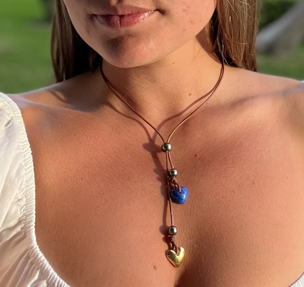 Wendy Mignot Lapis and Gold Plate Heart with Tahitian Pearl and Leather Adjustable Slider Necklace