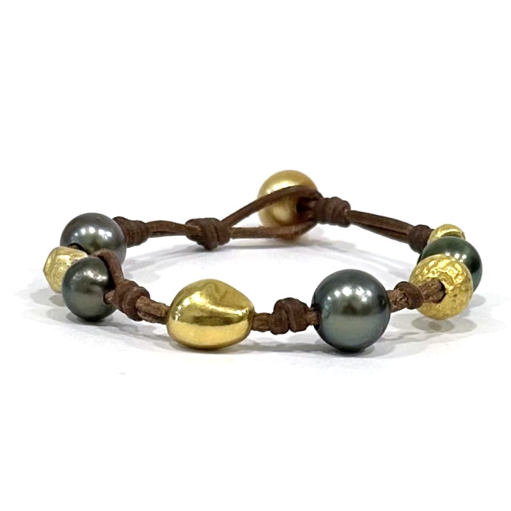 Wendy Mignot Golden Gypsy South Sea Pearl and Tahitian Pearl and Leather Bracelet 5