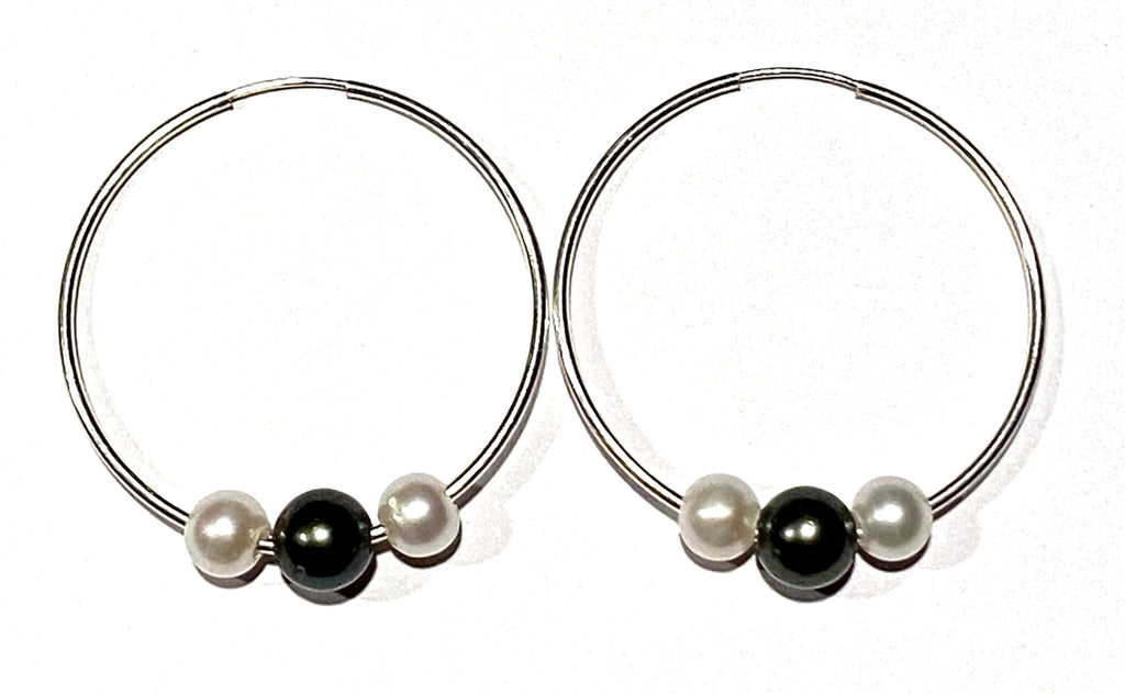 photo of Wendy Mignot Silver Three Pearl Hoop Earrings - White, Tahitian, White