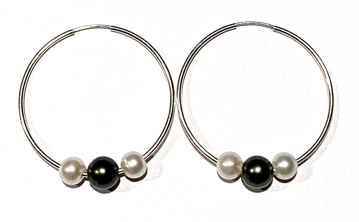 photo of Wendy Mignot Silver Three Pearl Hoop Earrings - White, Tahitian, White