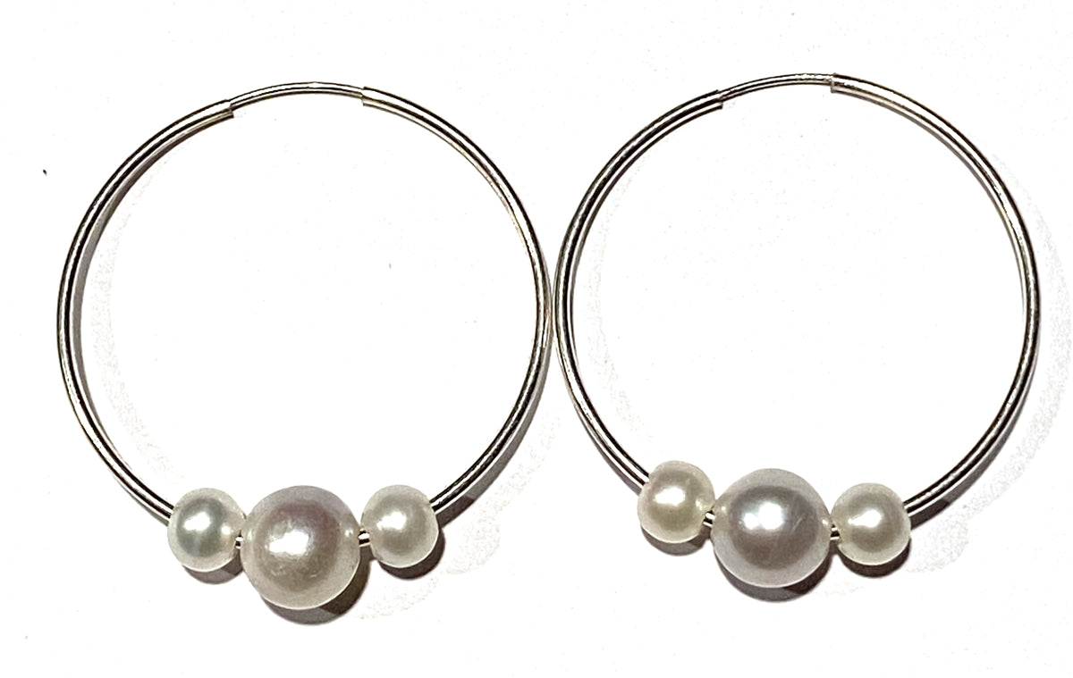 photo of Wendy Mignot Silver Three Pearl Hoop Earrings - White, Silver, White