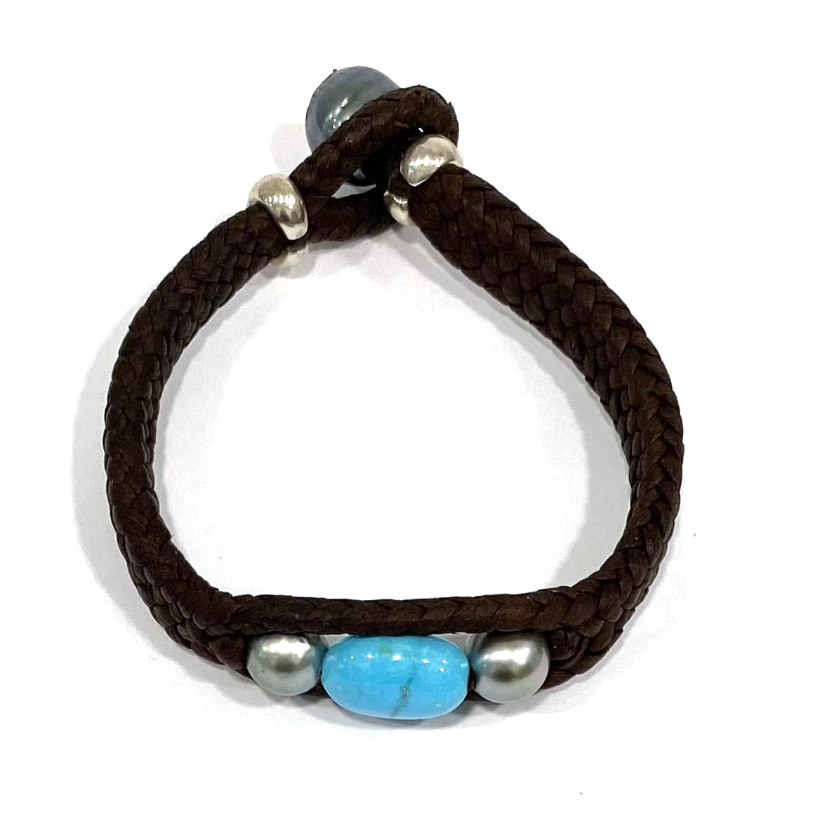Wendy Mignot Laredo Trio Turquoise and Tahitian Pearl and Leather Braided Bracelet with Silver Accents 2