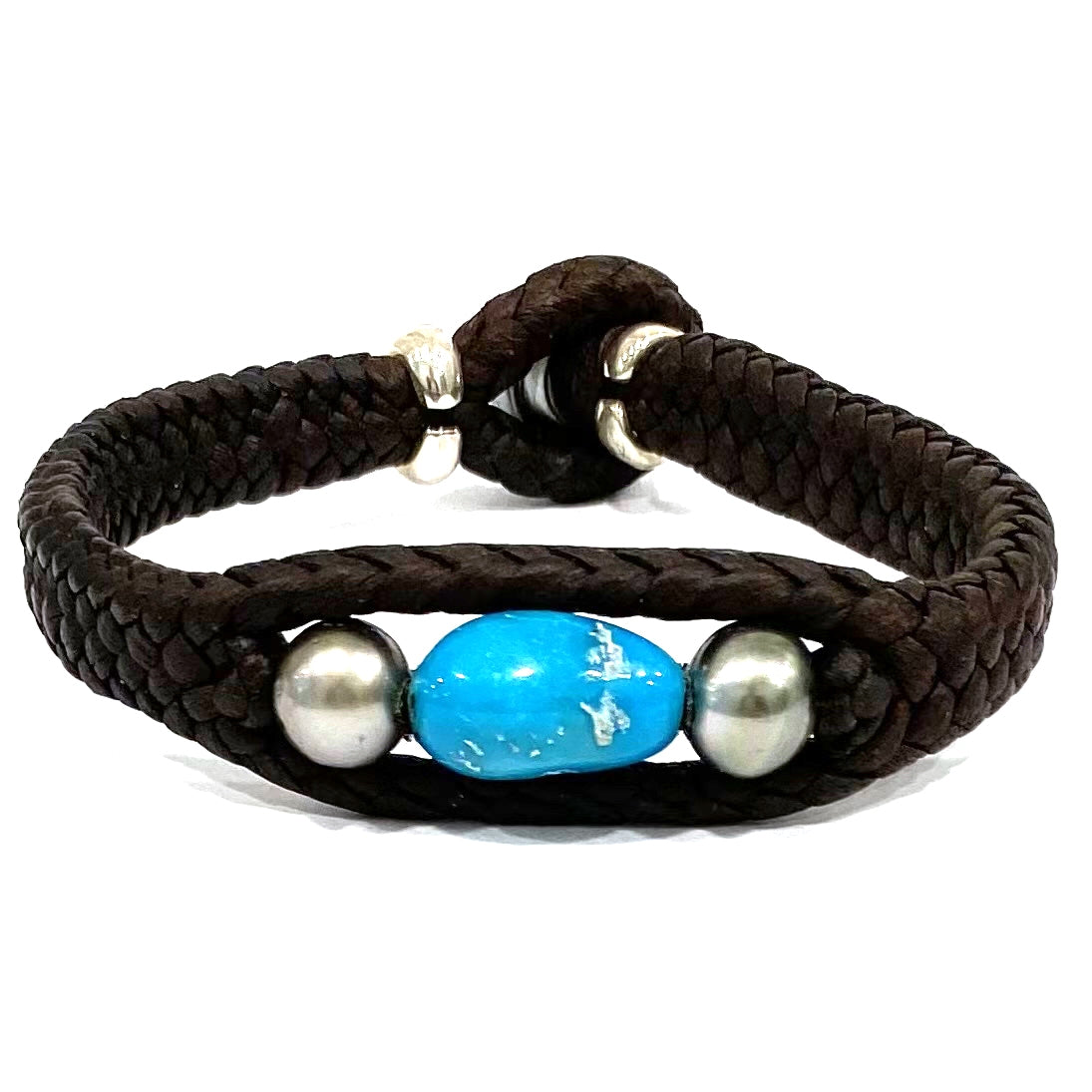 photo of Wendy Mignot Laredo Trio Turquoise and Tahitian Pearl and Leather Braided Bracelet with Silver Accents 4