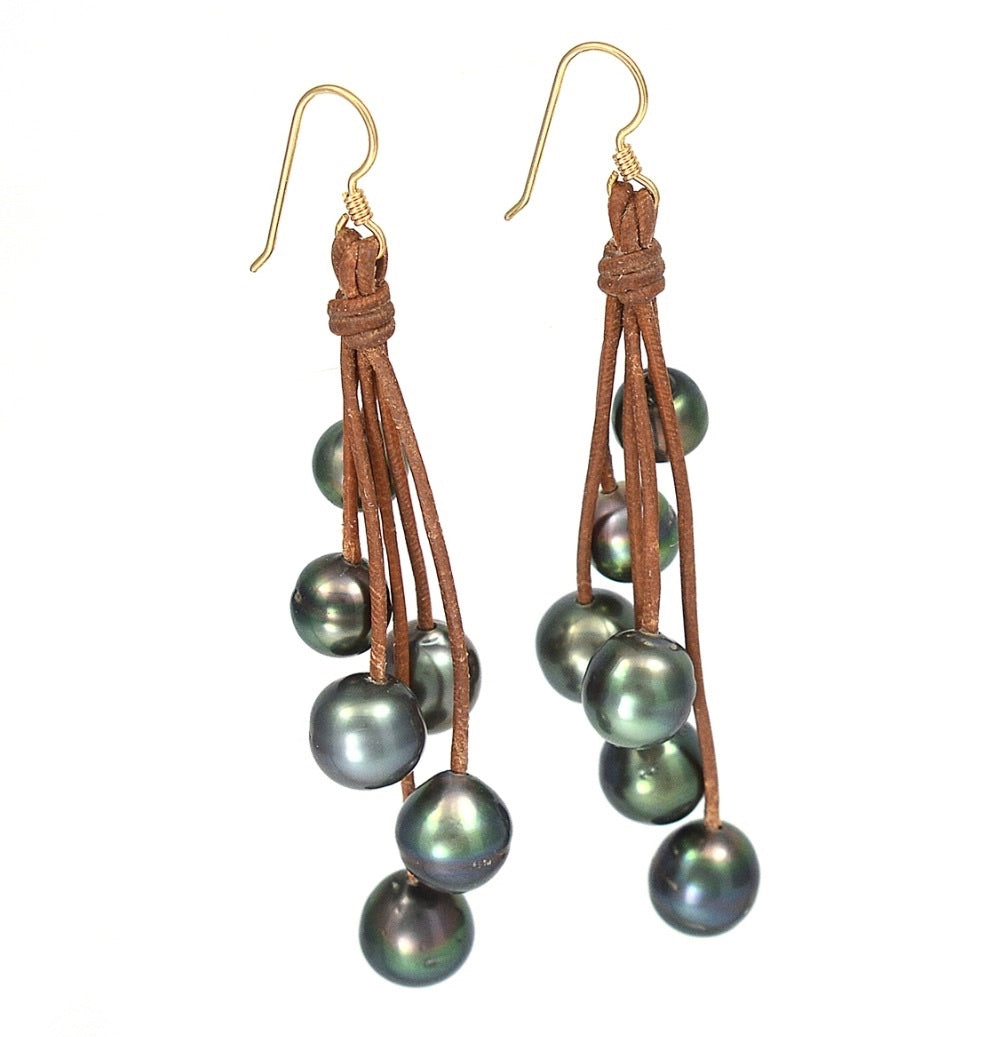 photo of Wendy Mignot Tahitian Pearl and Leather Six Drop Earrings