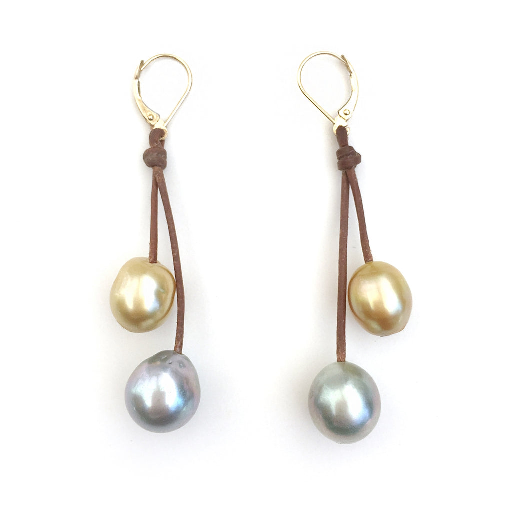 Wendy Mignot South Sea Gold Pearl and Platinum Tahitian Pearl Two Drop Earrings
