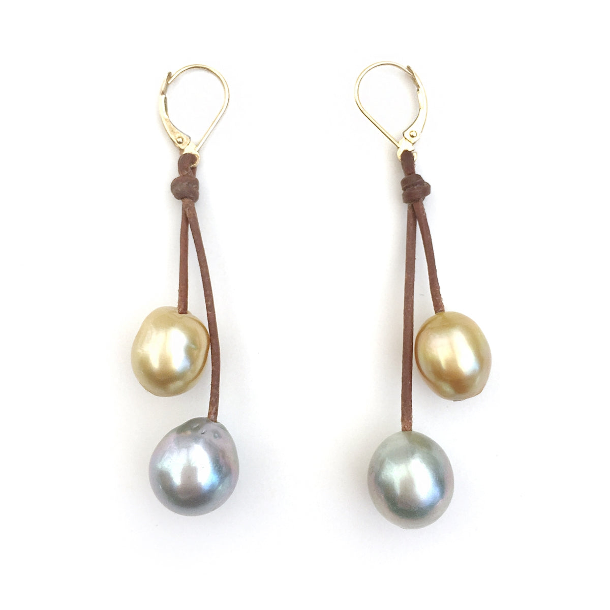Wendy Mignot South Sea Gold Pearl and Platinum Tahitian Pearl Two Drop Earrings
