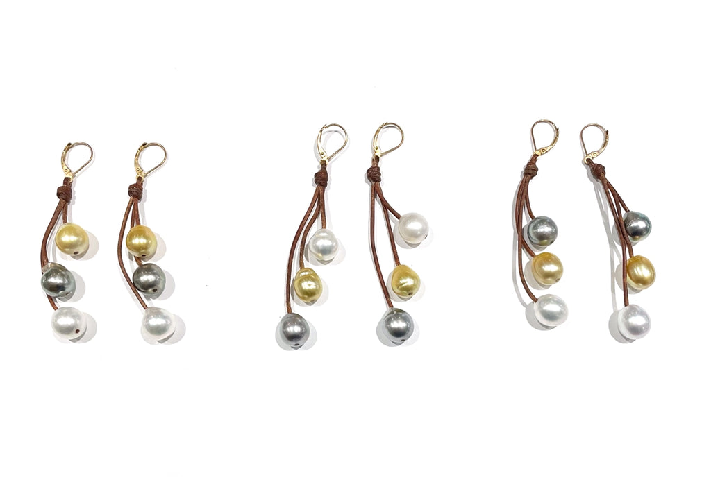 Wendy Mignot Fusion Tri-Color South Sea Pearl and Leather Three Drop Earrings