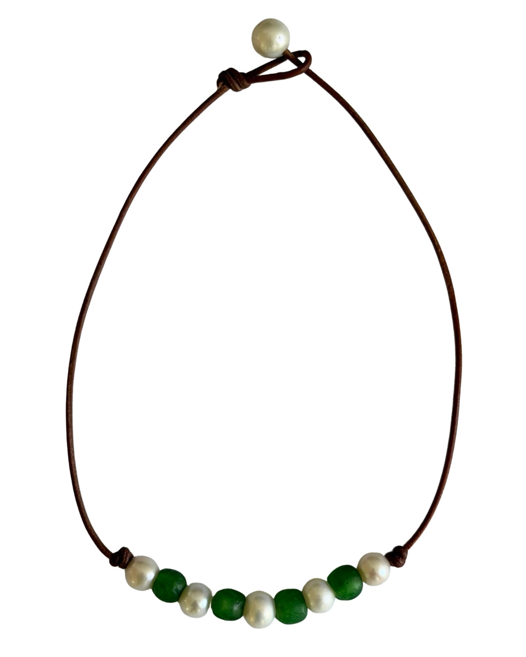 Wendy Mignot African Seaglass and Freshwater Pearl and Leather Regatta Necklace-Green