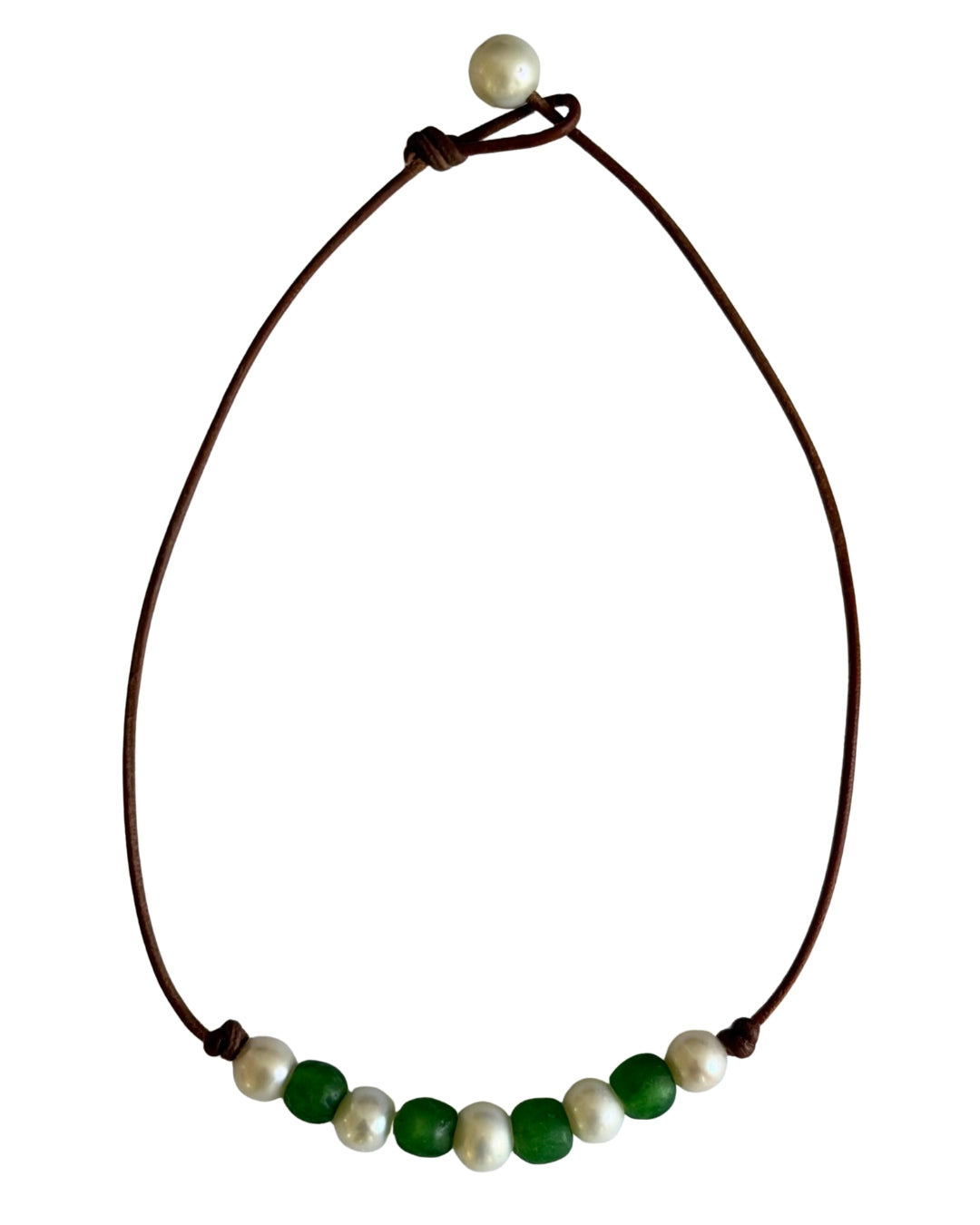 Wendy Mignot African Seaglass and Freshwater Pearl and Leather Regatta Necklace-Green