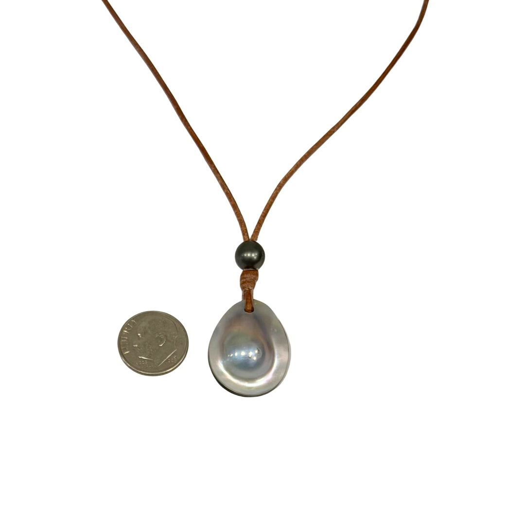 Wendy Mignot Moon Drop Mabe Pearl and Tahitian Pearl and Leather Necklace