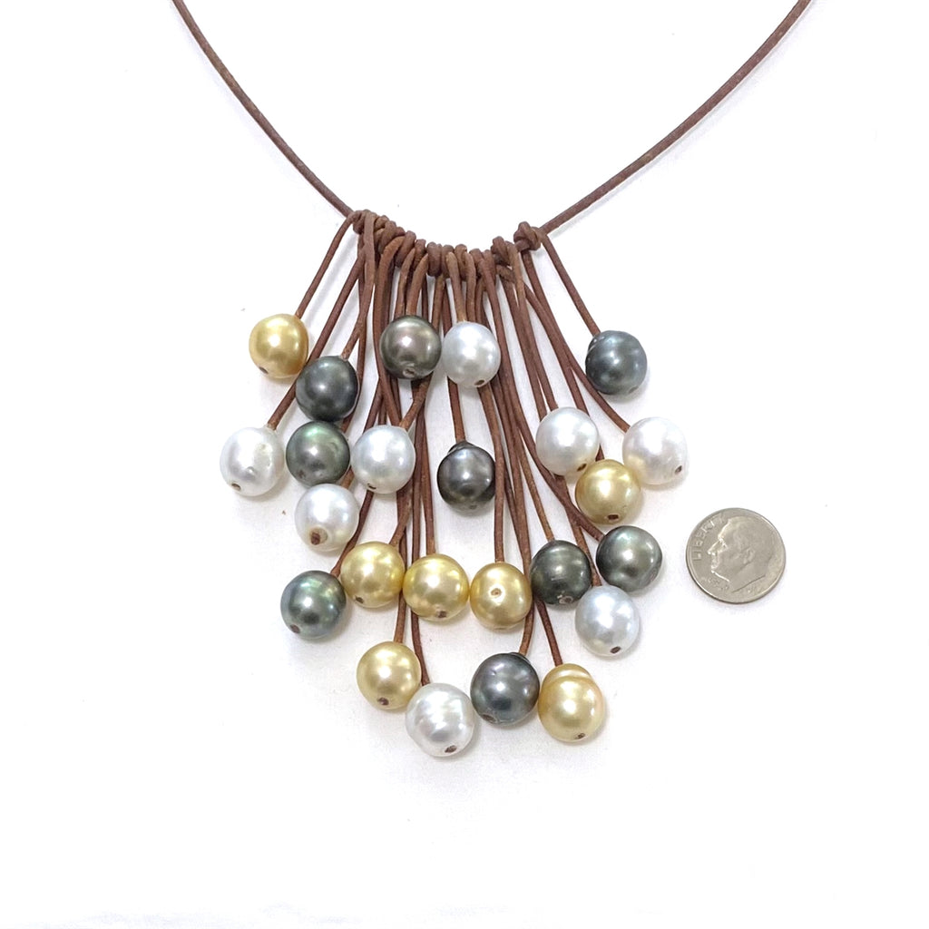 Wendy Mignot Tahitian Pearl and South Sea Pearl and Leather Cascade Necklace