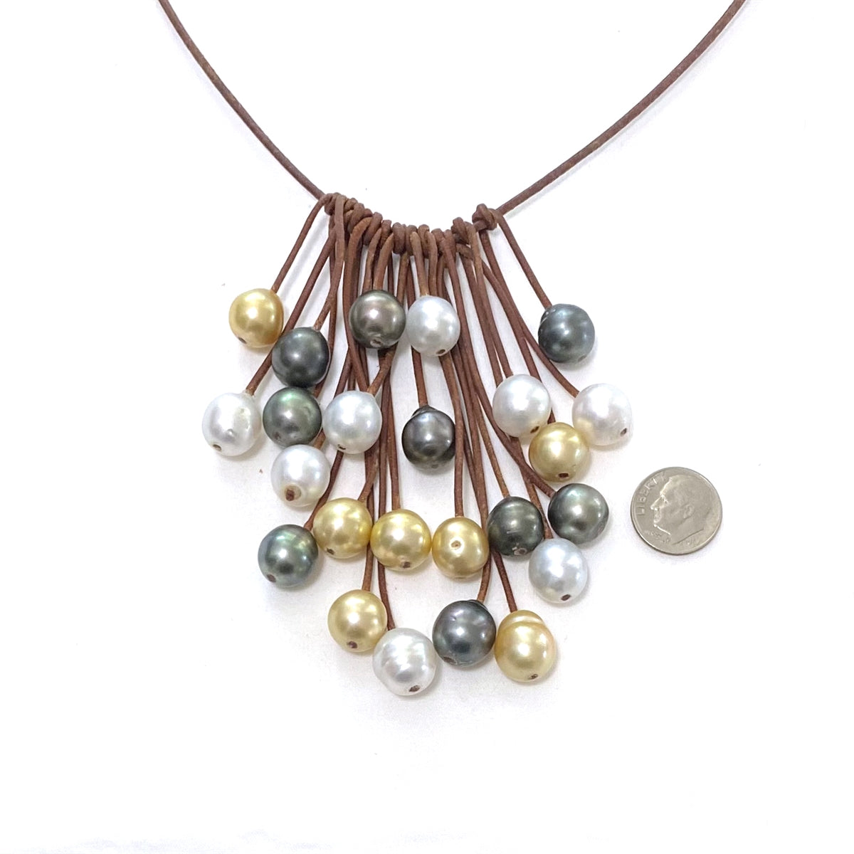 Wendy Mignot Tahitian Pearl and South Sea Pearl and Leather Cascade Necklace