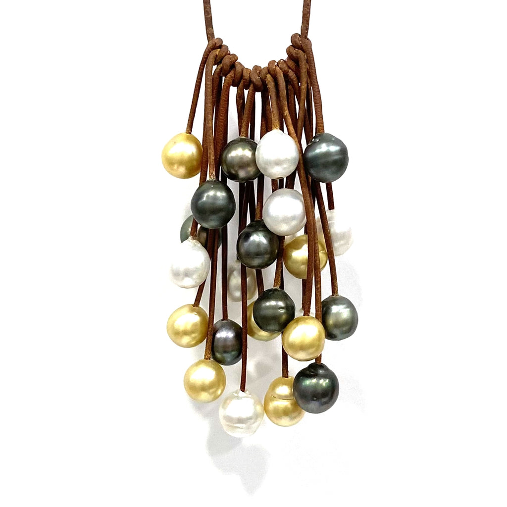 Wendy Mignot Tahitian Pearl and South Sea Pearl and Leather Cascade Necklace